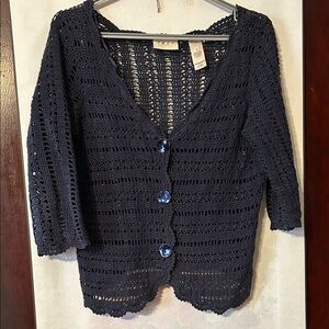 YZZA navy blue crochet linen &  cotton blend cardigan with three blue buttons, M